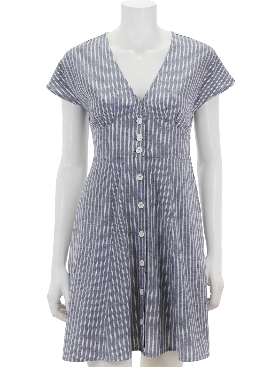 Front view of Marine Layer's camila mini dress in blue and white stripe.