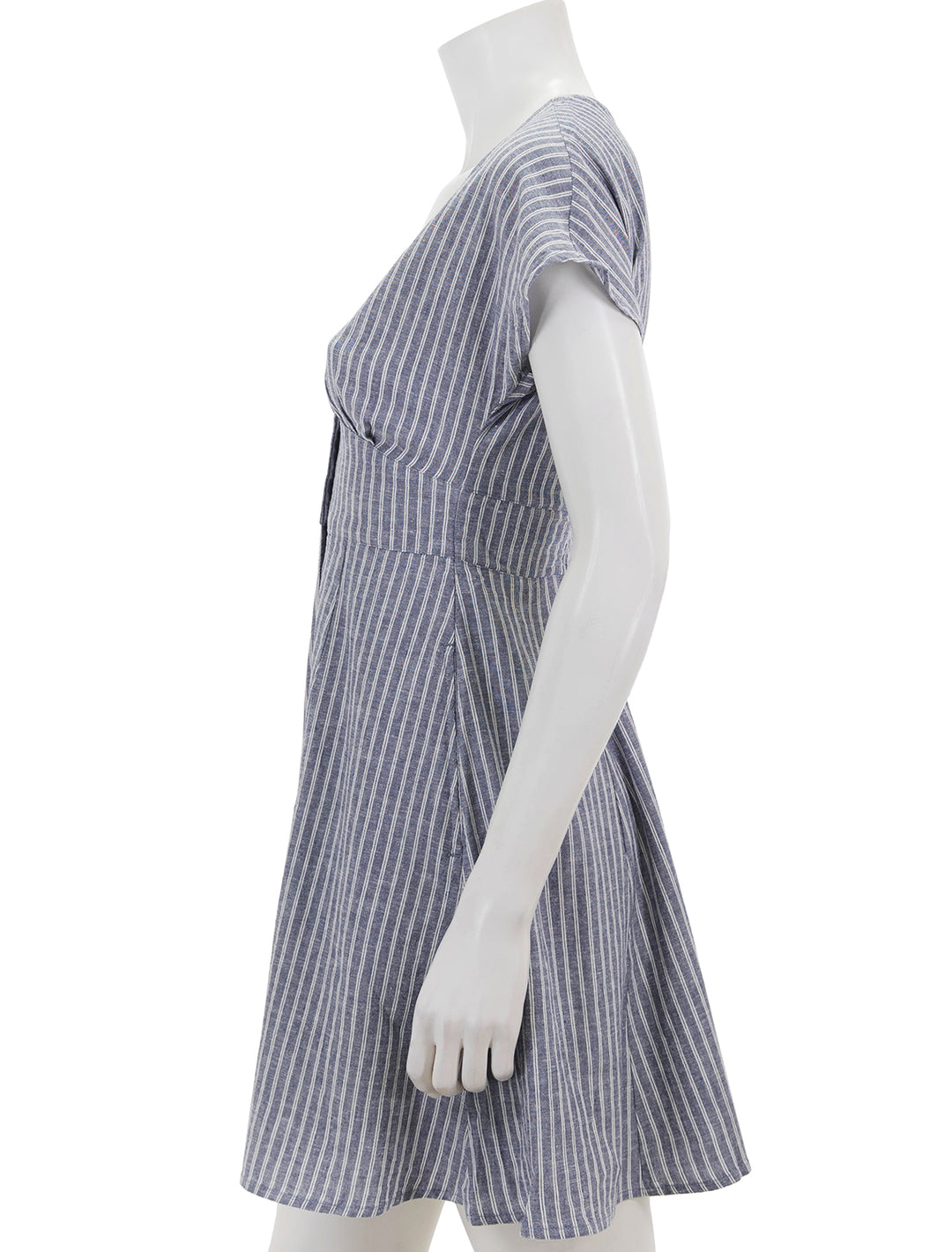 Side view of Marine Layer's camila mini dress in blue and white stripe.
