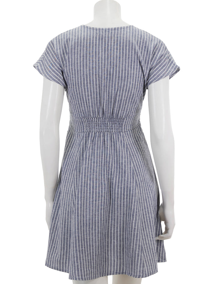 Back view of Marine Layer's camila mini dress in blue and white stripe.