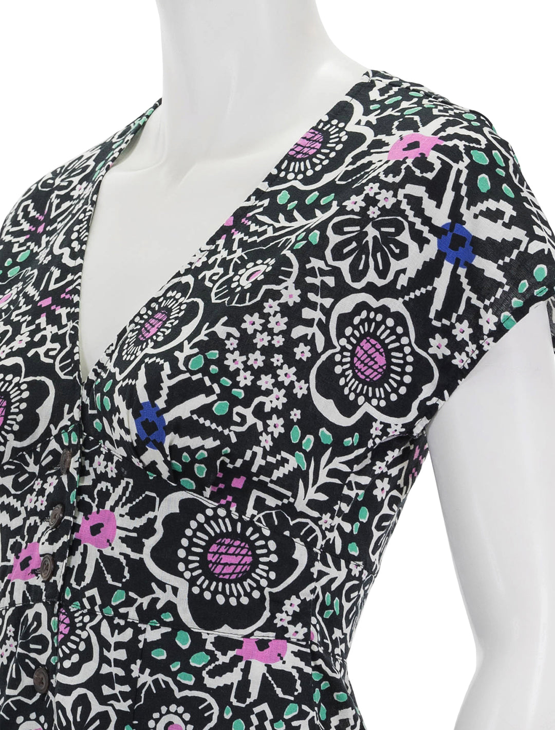 Close-up view of Marine Layer's camila mini dress in floral block print.