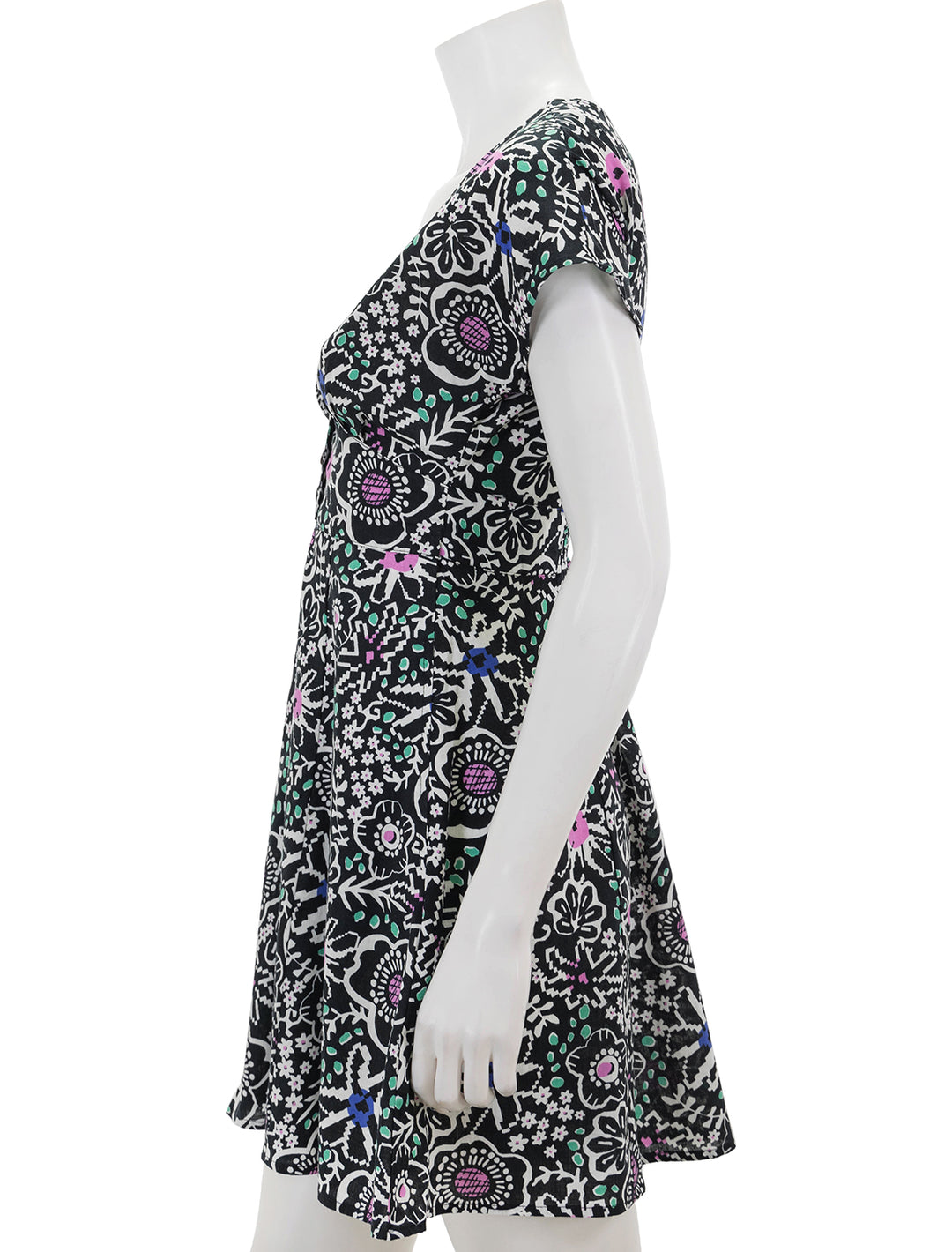 Side view of Marine Layer's camila mini dress in floral block print.