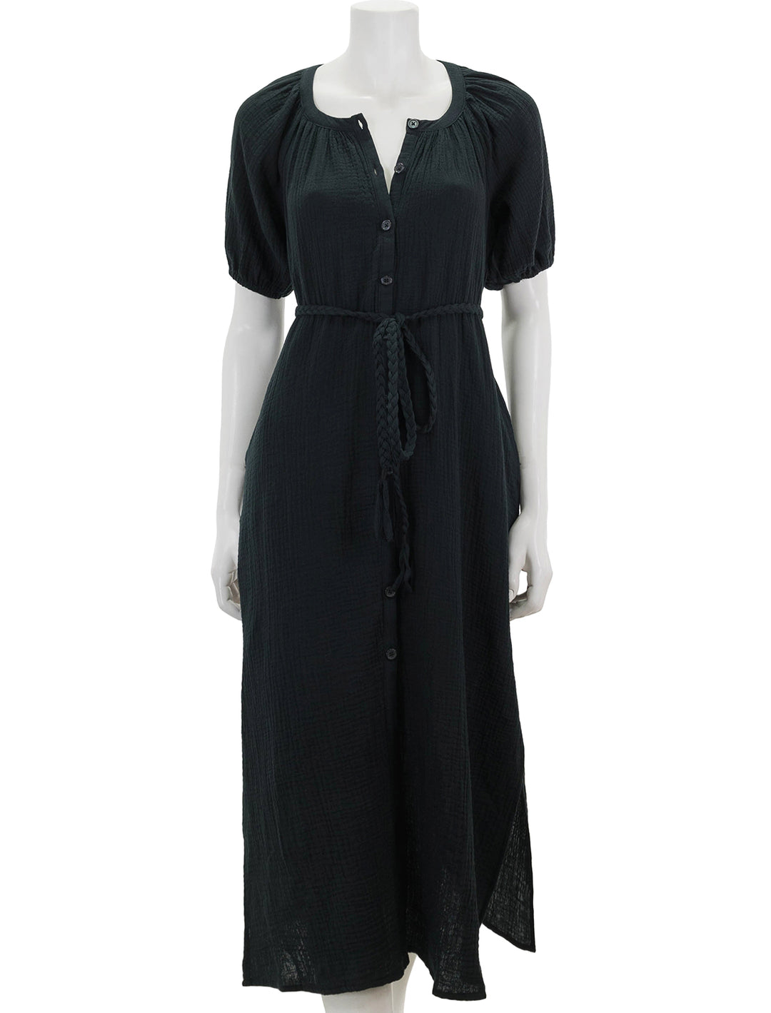 Front view of Marine Layer's double cloth shirt dress in black.