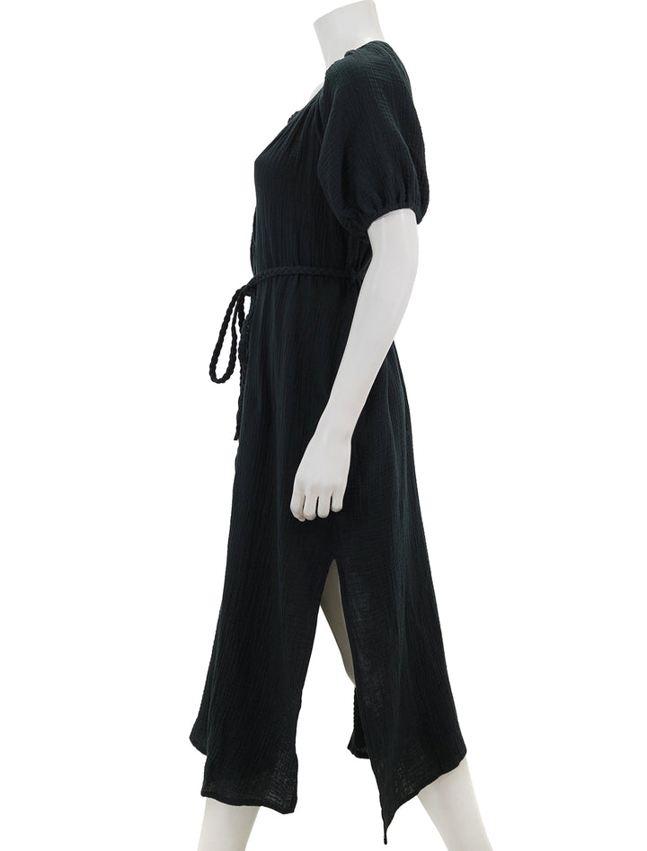 Side view of Marine Layer's double cloth shirt dress in black.