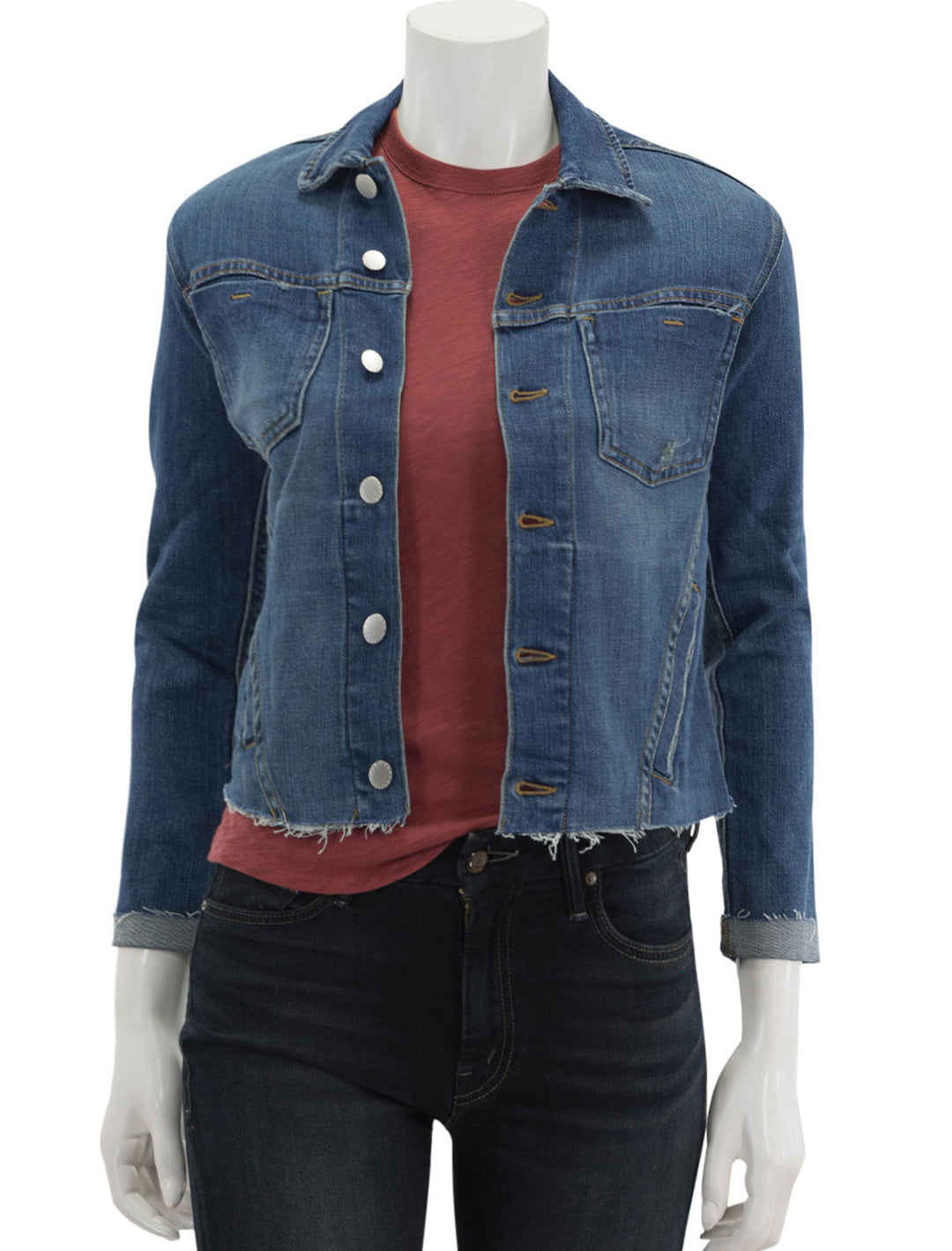 Front view of L'agence's janelle slim raw jacket in authentique, unbuttoned.