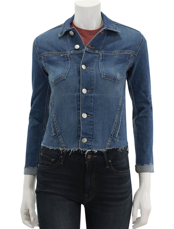 Front view of L'agence's janelle slim raw jacket in authentique, buttoned.
