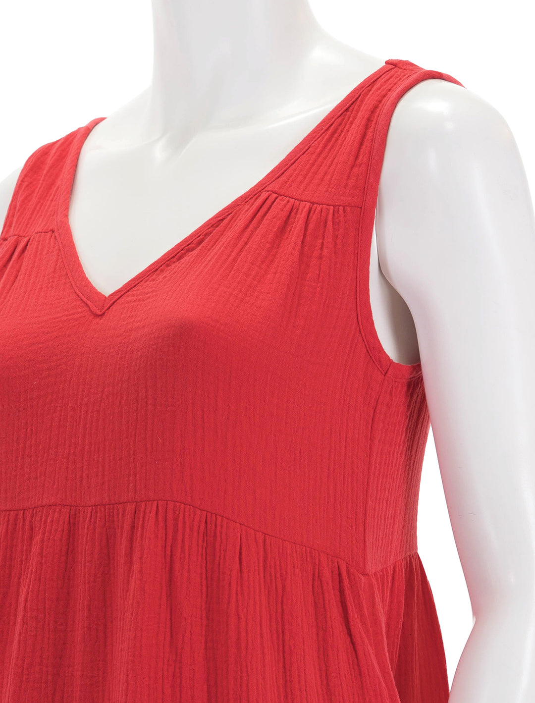 Close-up view of Marine Layer's corinne maxi dress in red.