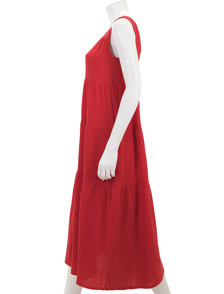 Side view of Marine Layer's corinne maxi dress in red.
