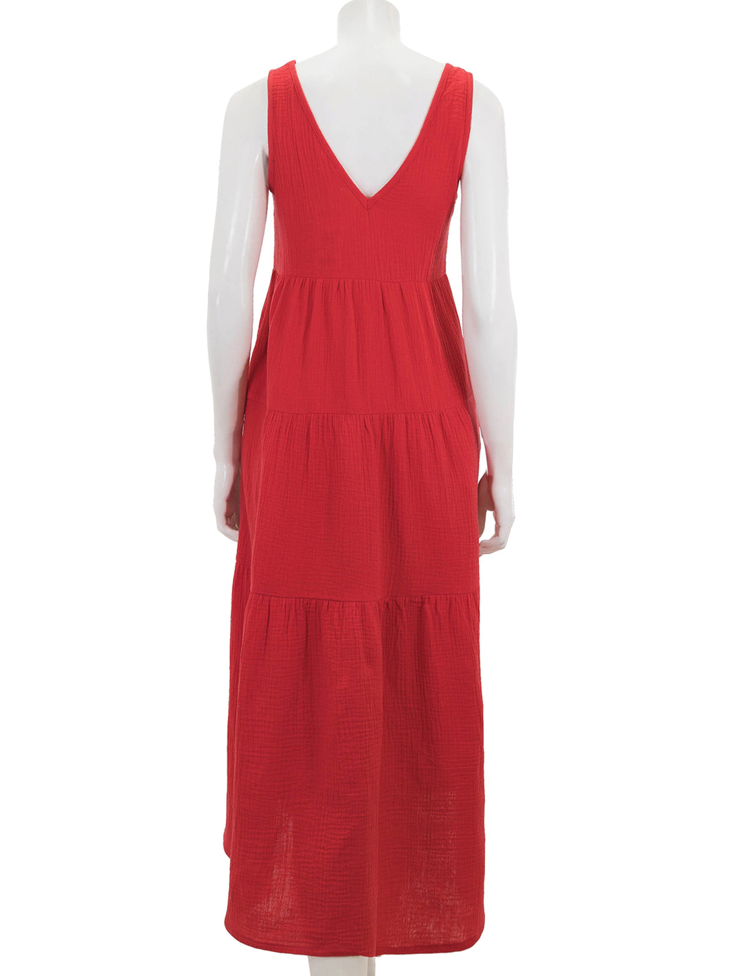 Back view of Marine Layer's corinne maxi dress in red.