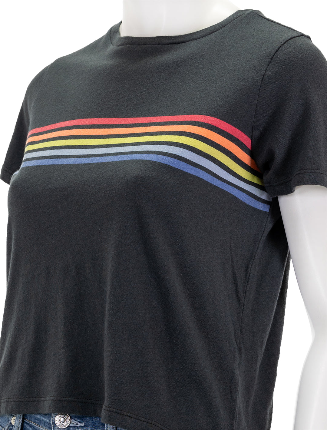 Close-up view of Marine Layer's Crop Graphic Tee in Washed Black.