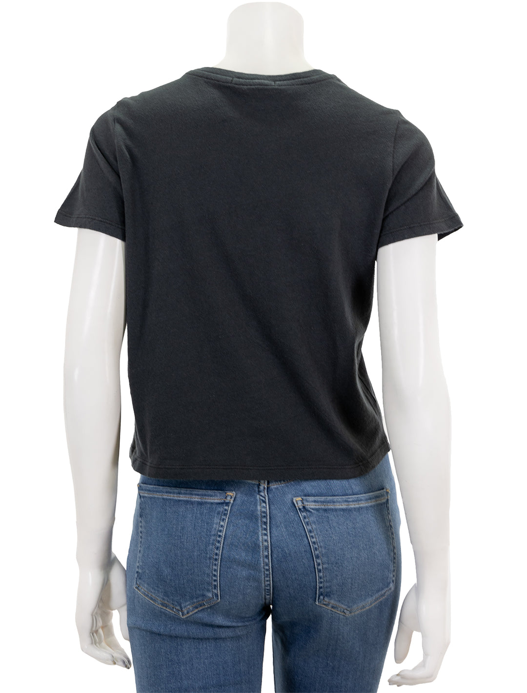 Back view of Marine Layer's Crop Graphic Tee in Washed Black.