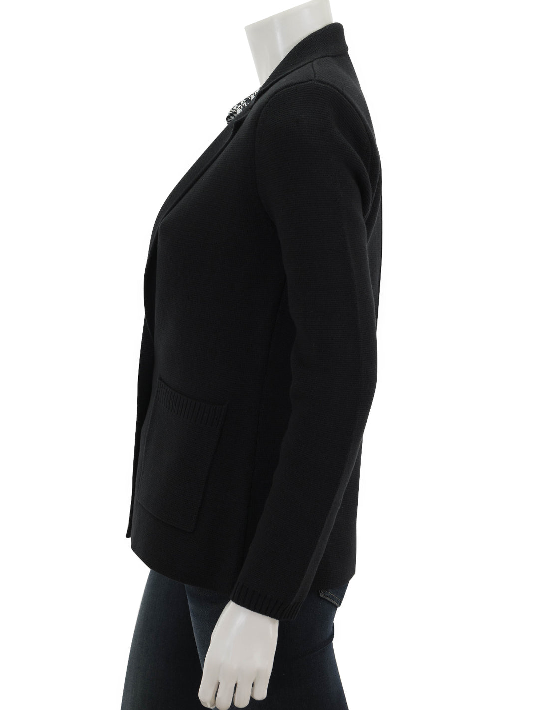 Side view of L'agence's lacey knit blazer in black.