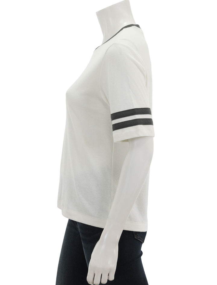 Side view of Faherty's cloud varsity tee in white.