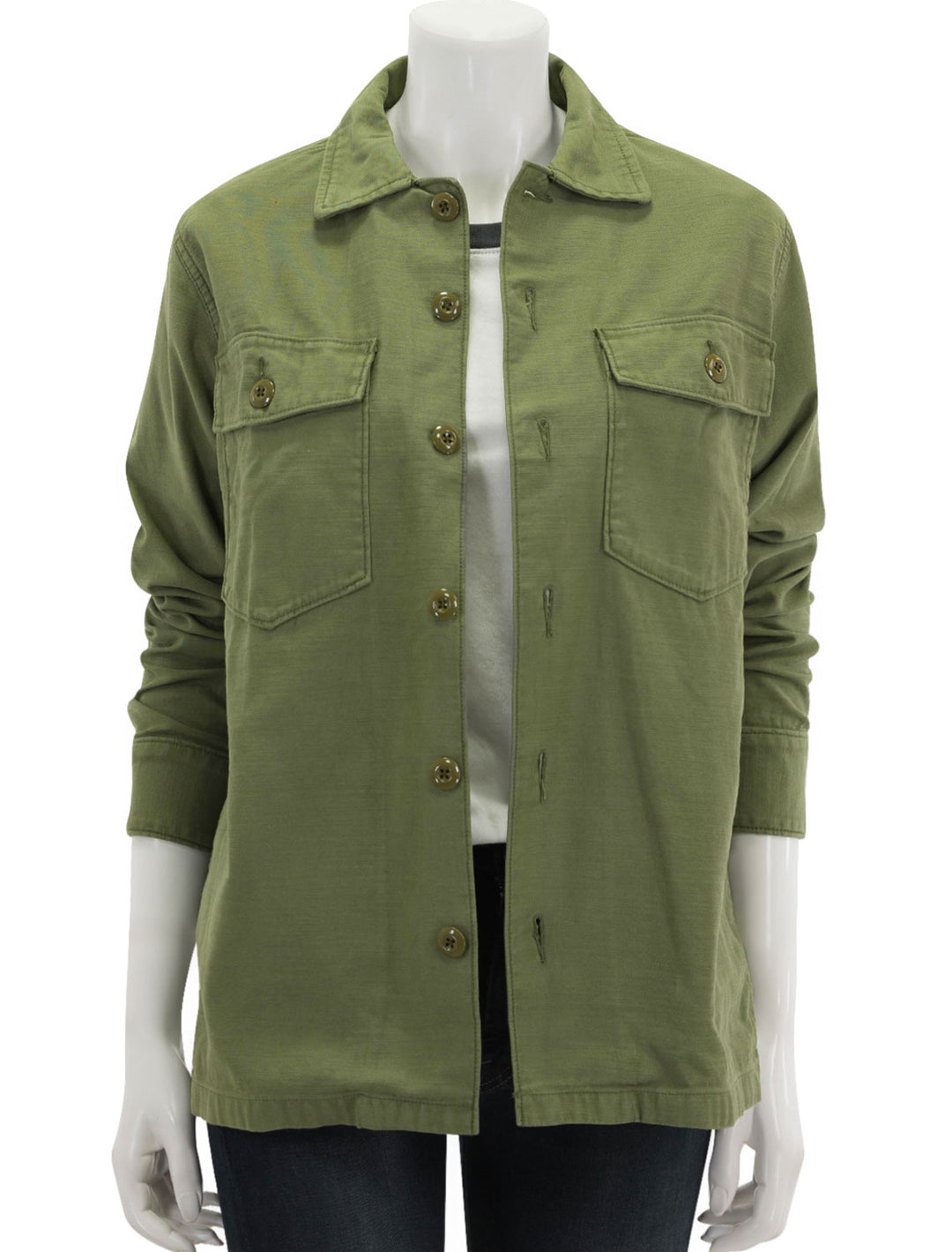 Front view of Faherty's savannah cotton overshirt in fatigue, unbuttoned.