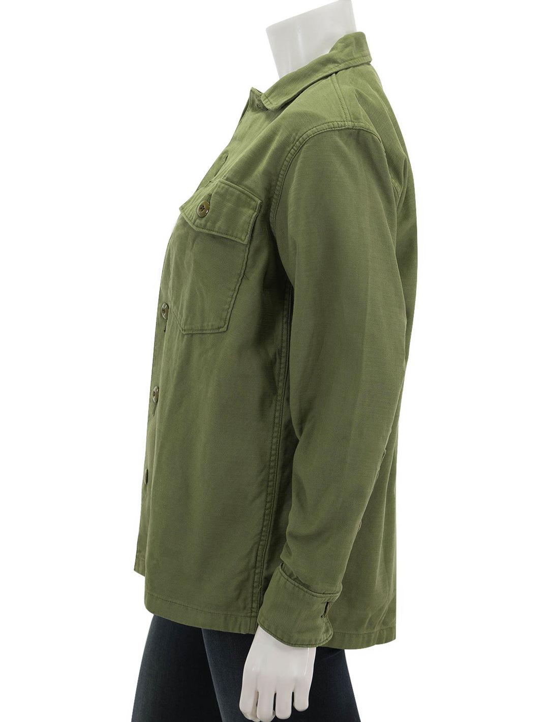 Side view of Faherty's savannah cotton overshirt in fatigue.