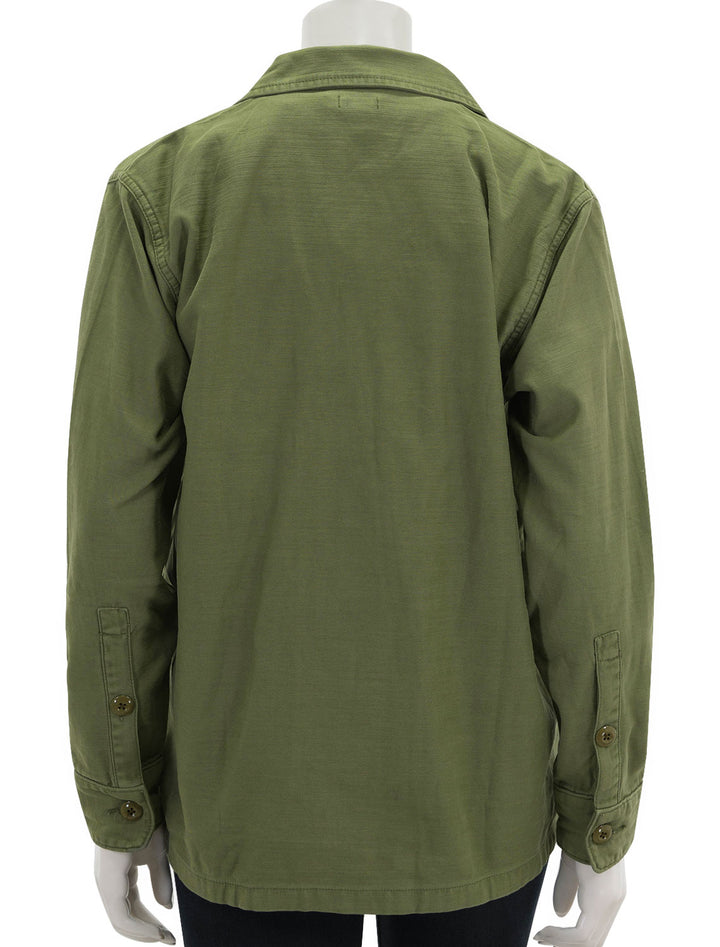 Back view of Faherty's savannah cotton overshirt in fatigue.