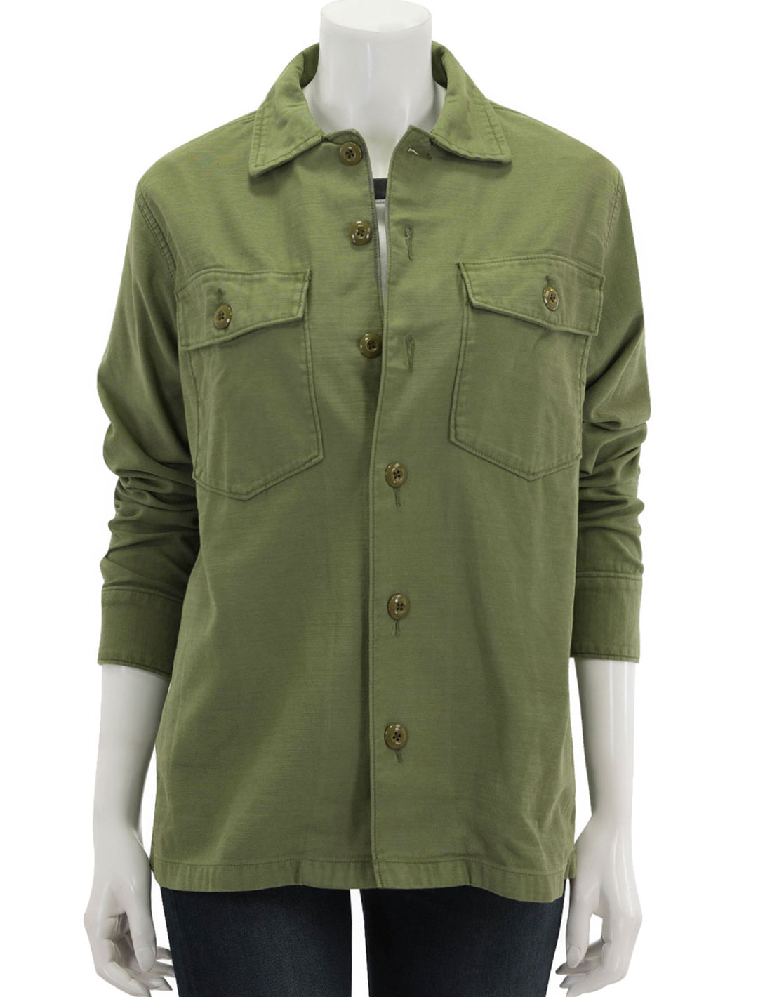 Front view of Faherty's savannah cotton overshirt in fatigue, buttoned.