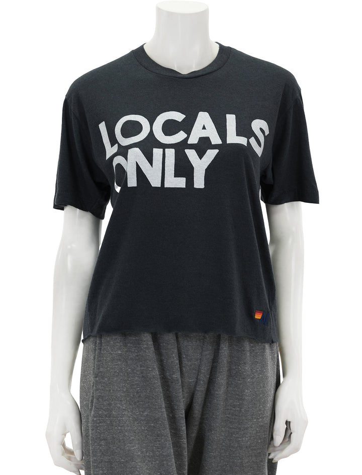Front view of Aviator Nation's locals only boyfriend tee in charcoal.