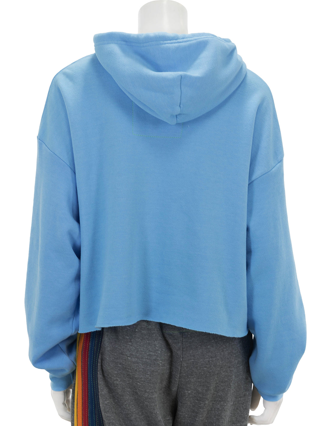 Back view of Aviator Nation's bolt stripe relaxed cropped pullover hoodie in sky.