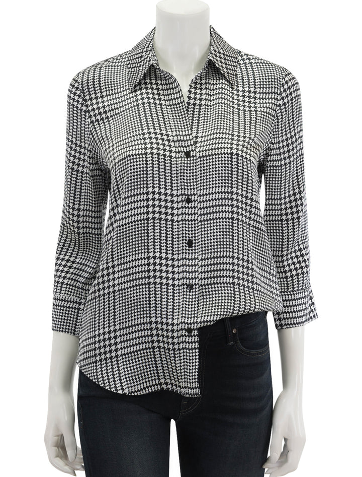 Front view of L'Agence Dani Three Quarter Sleeve Blouse in Ivory Black Glen Plaid.