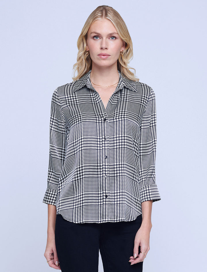 Model wearing L'Agence Dani Three Quarter Sleeve Blouse in Ivory Black Glen Plaid.