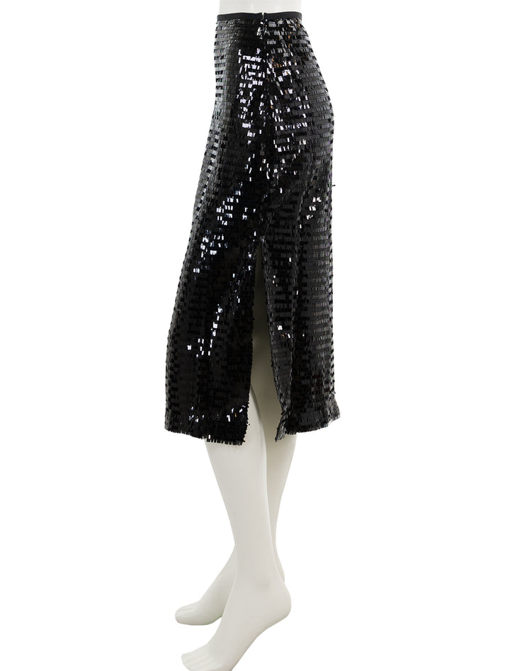 Side view of Steve Madden's dinah midi skirt in black sequins.