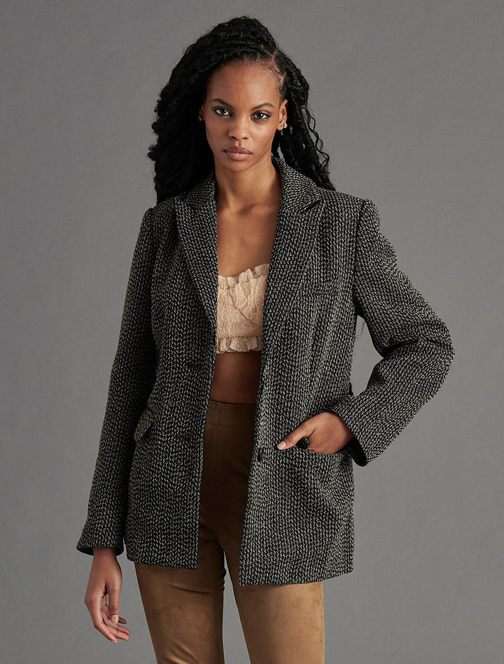 Model wearing Steve Madden's justine blazer.