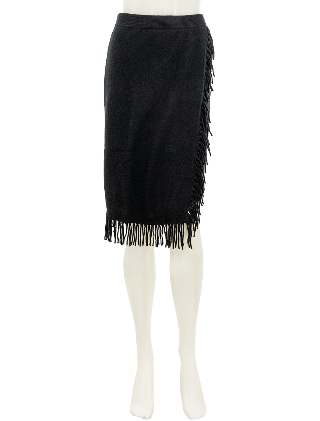 Front view of Minnie Rose's wrap skirt with fringe in black.