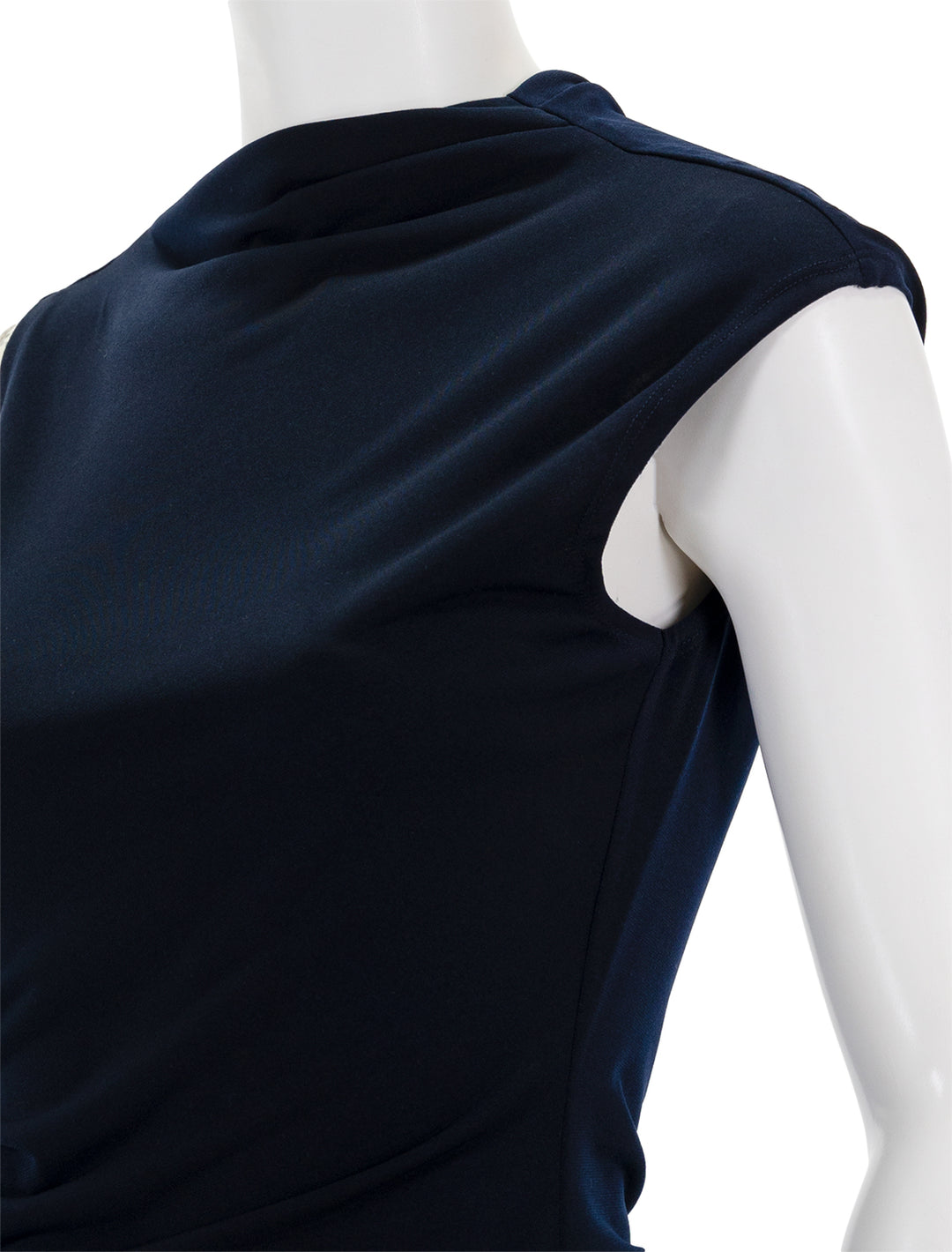 Close-up view of Derek Lam 10 Crosby's sasha cap sleeve ruched tee in midnight.