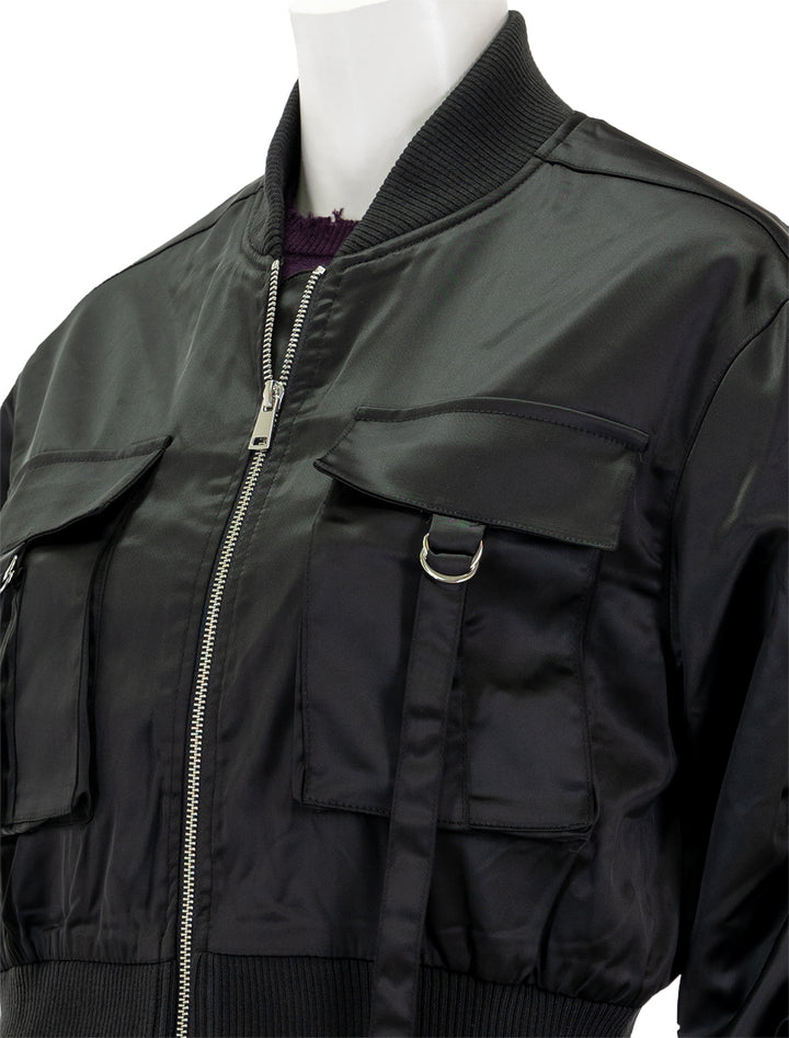 Close-up view of Steve Madden's costa jacket in black.