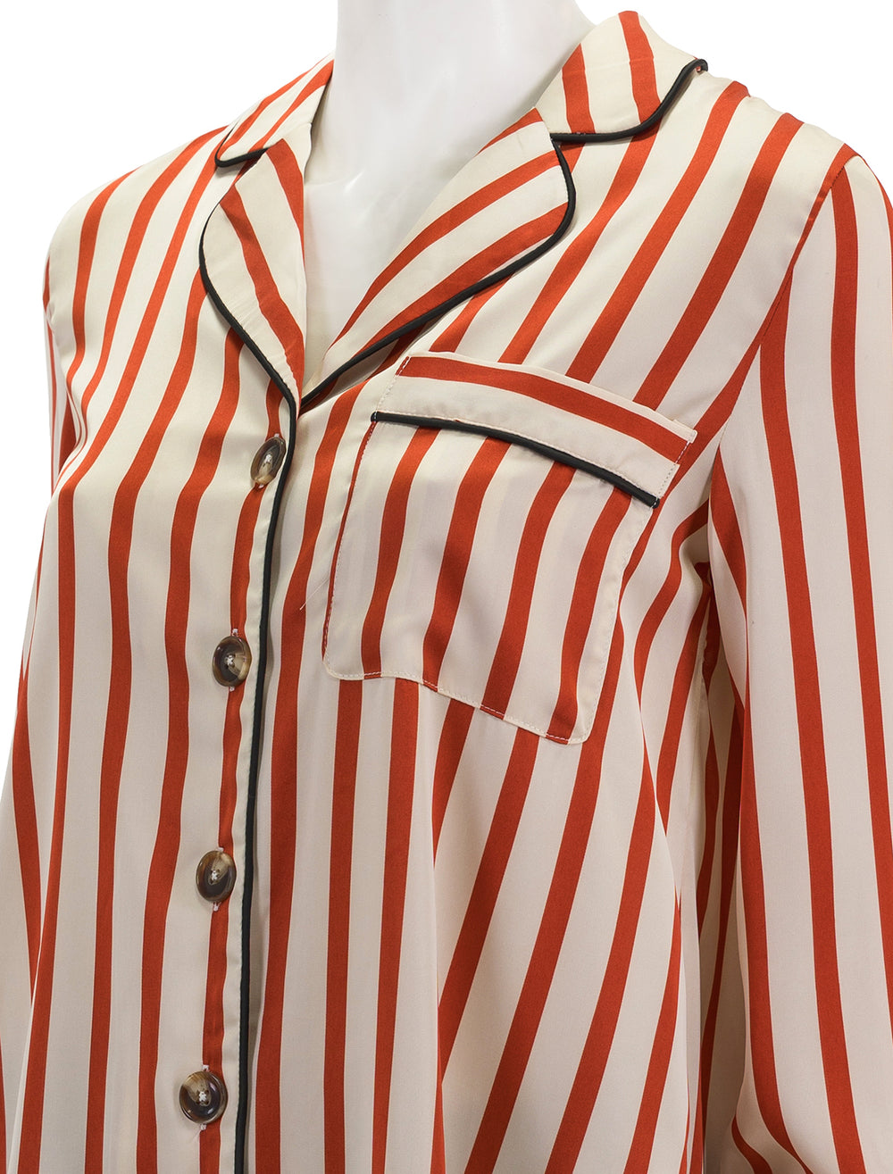 Close-up view of English Factory's striped satin shirt with piping.