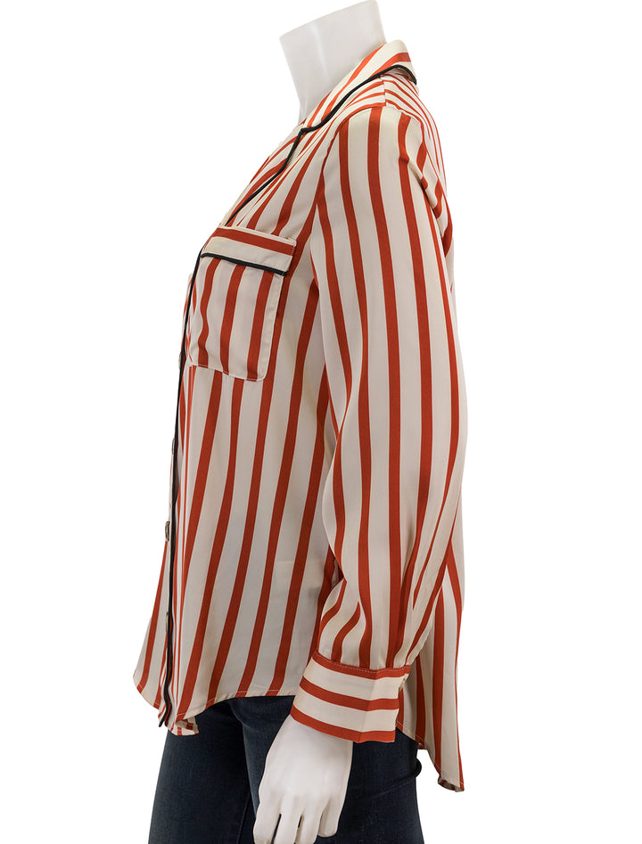 Side view of English Factory's striped satin shirt with piping.