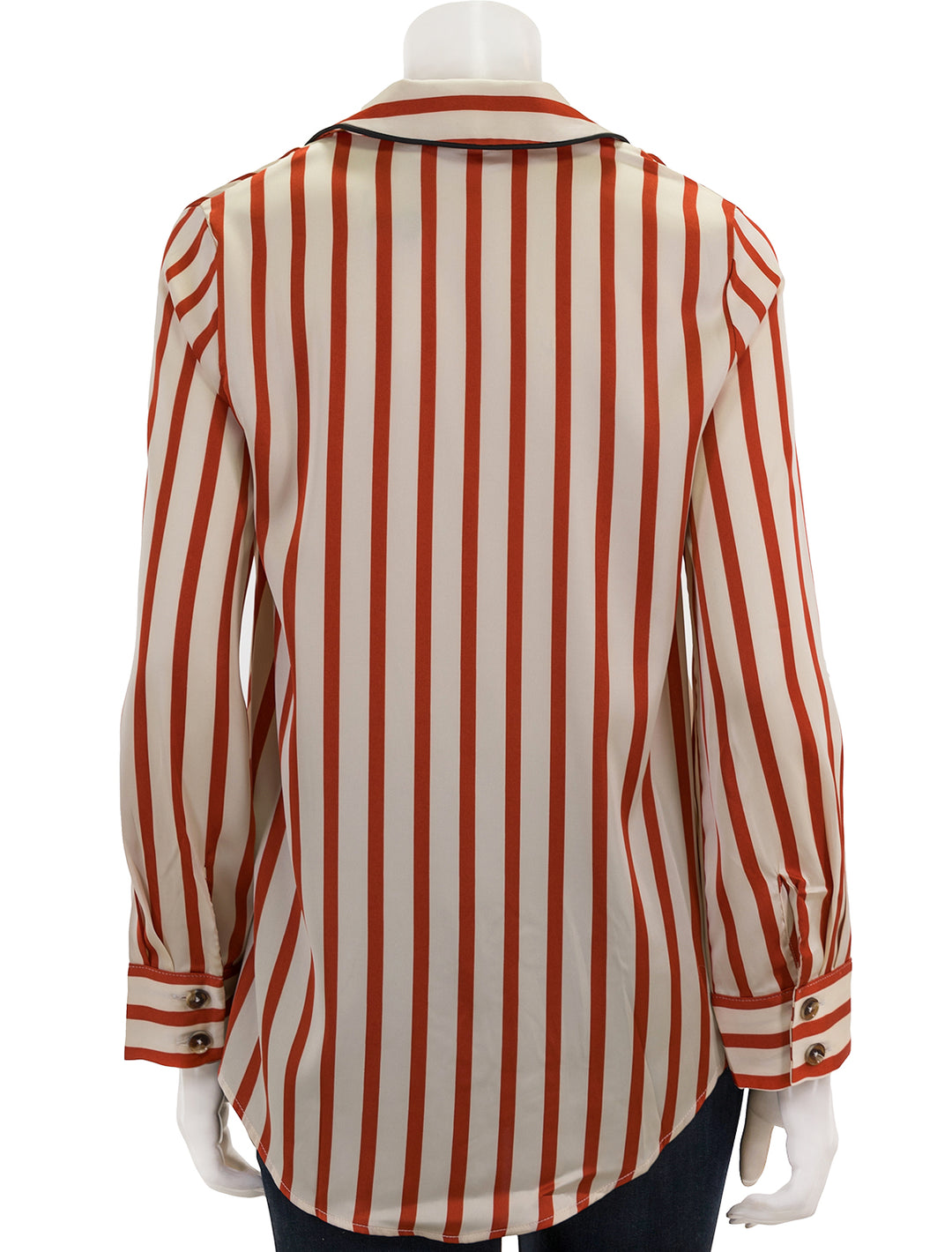 Back view of English Factory's striped satin shirt with piping.