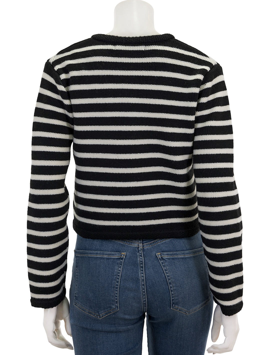 Back view of English Factory's cardigan in black and ivory stripe.