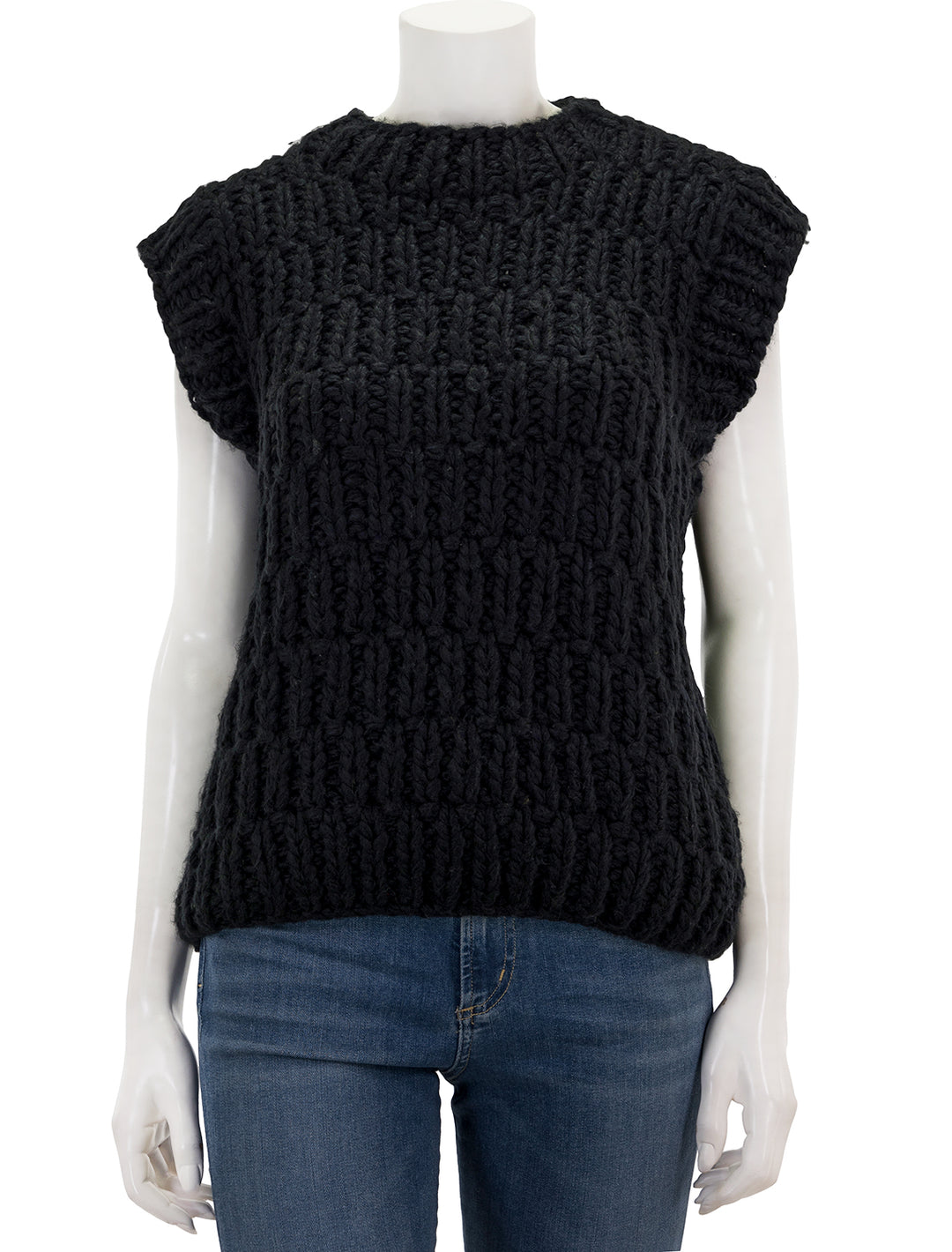Front view of English Factory's chunky knit sweater vest in black.