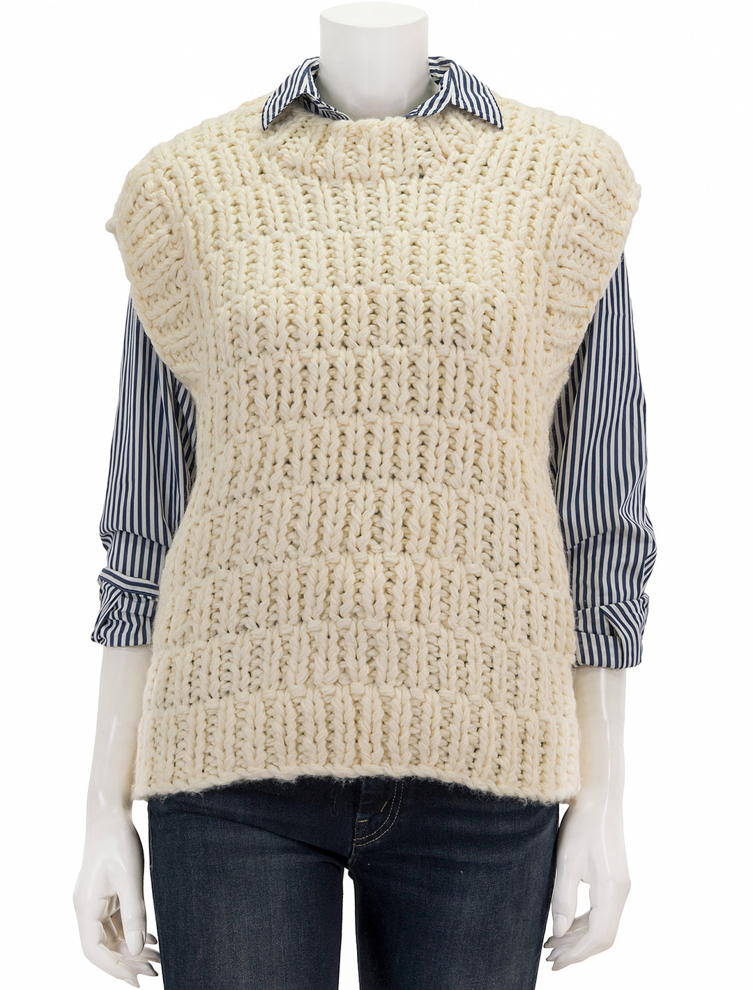 Front view of English Factory's chunky knit sweater vest in ivory.