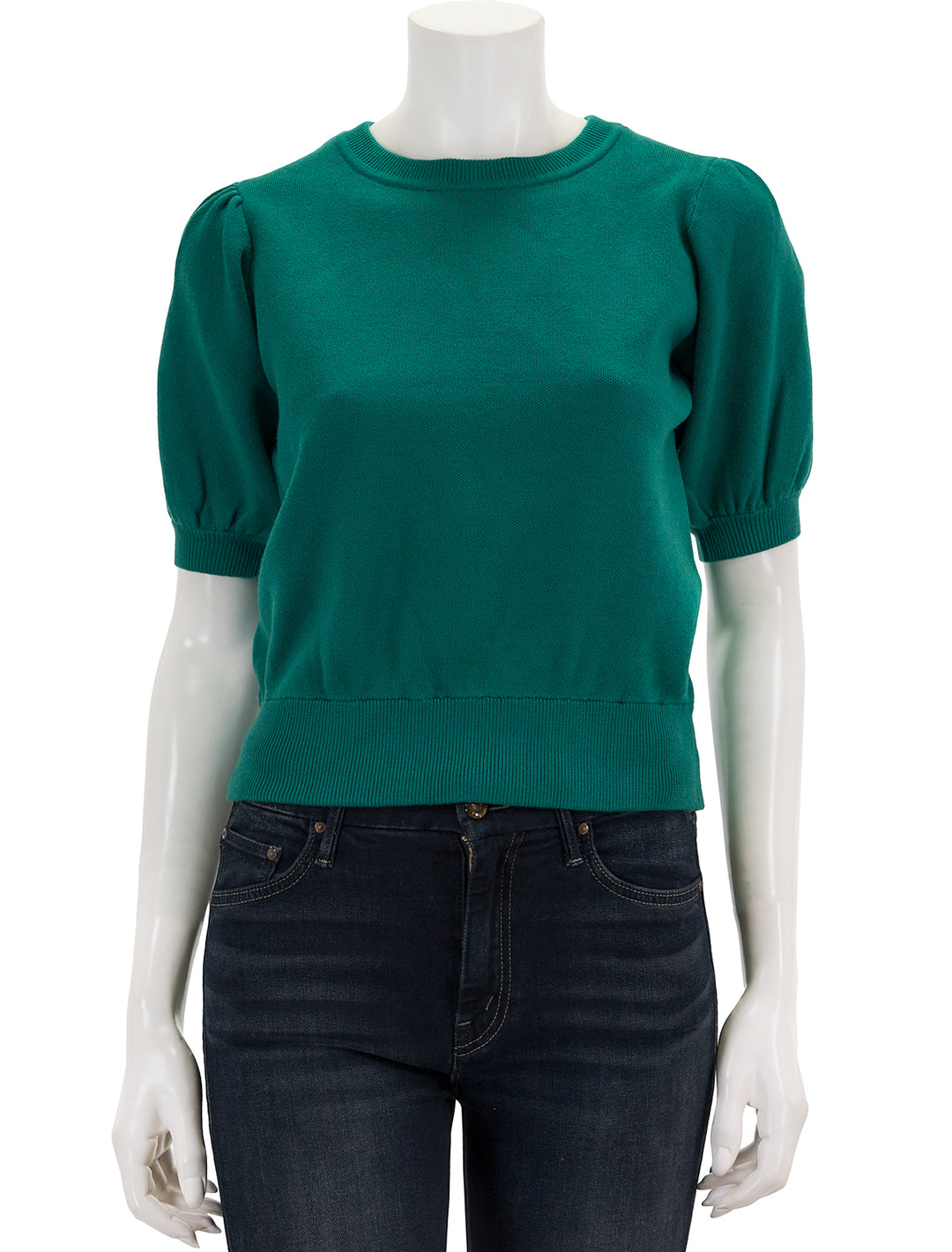 Front view of English Factory's puff sleeve pullover in emerald.