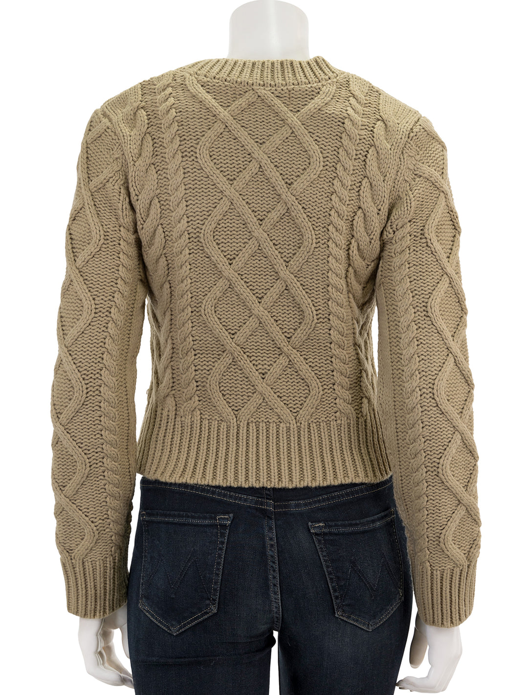 Back view of English Factory's cable knit sweater in oatmeal.