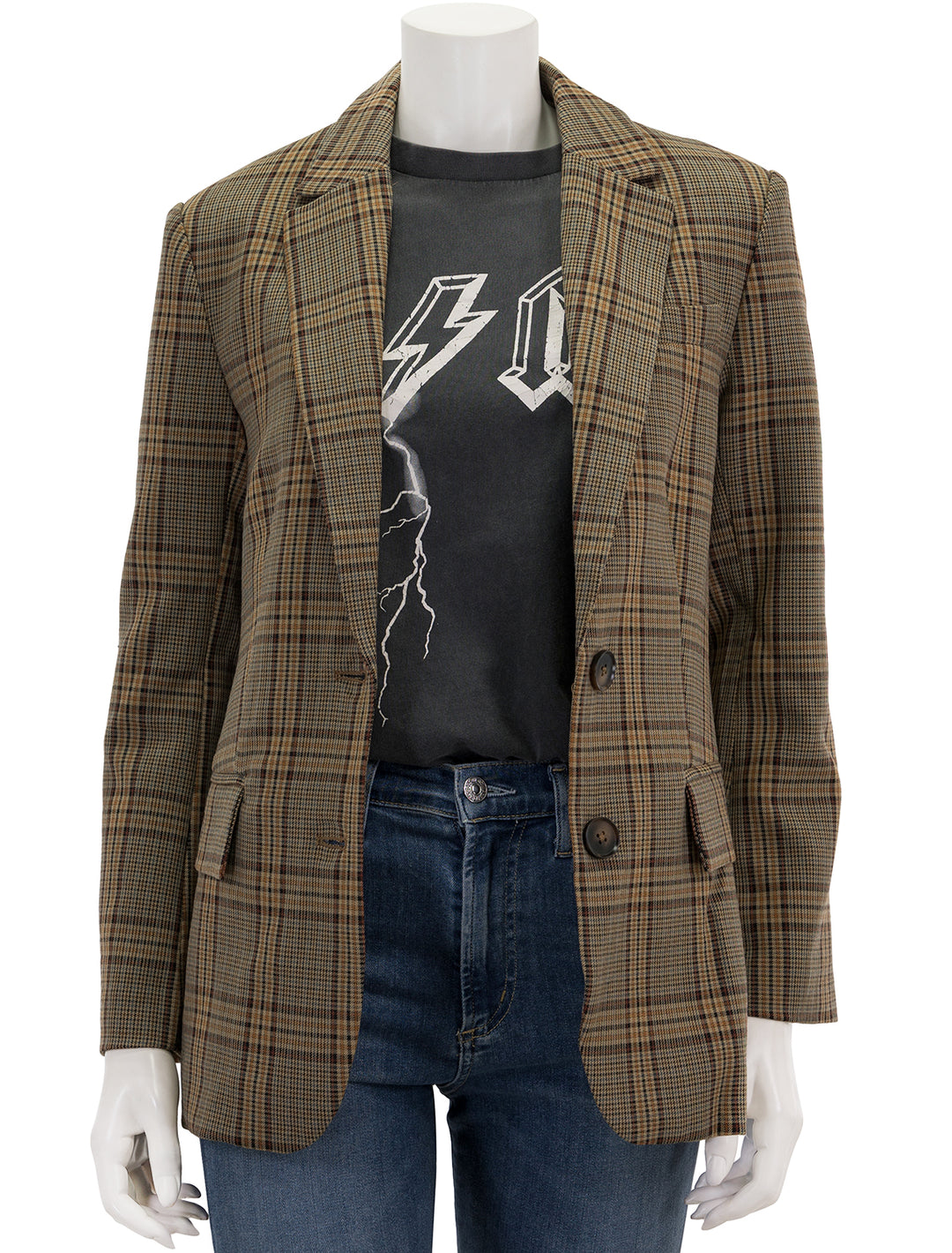 Front view of English Factory's oversized check blazer in brown, unbuttoned.
