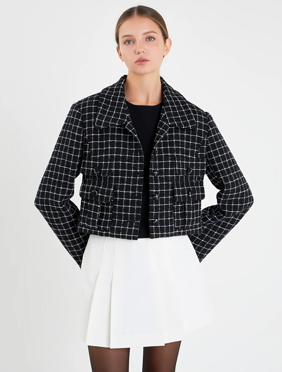 Model wearing English Factory's Tweed Jacket in Black and White.