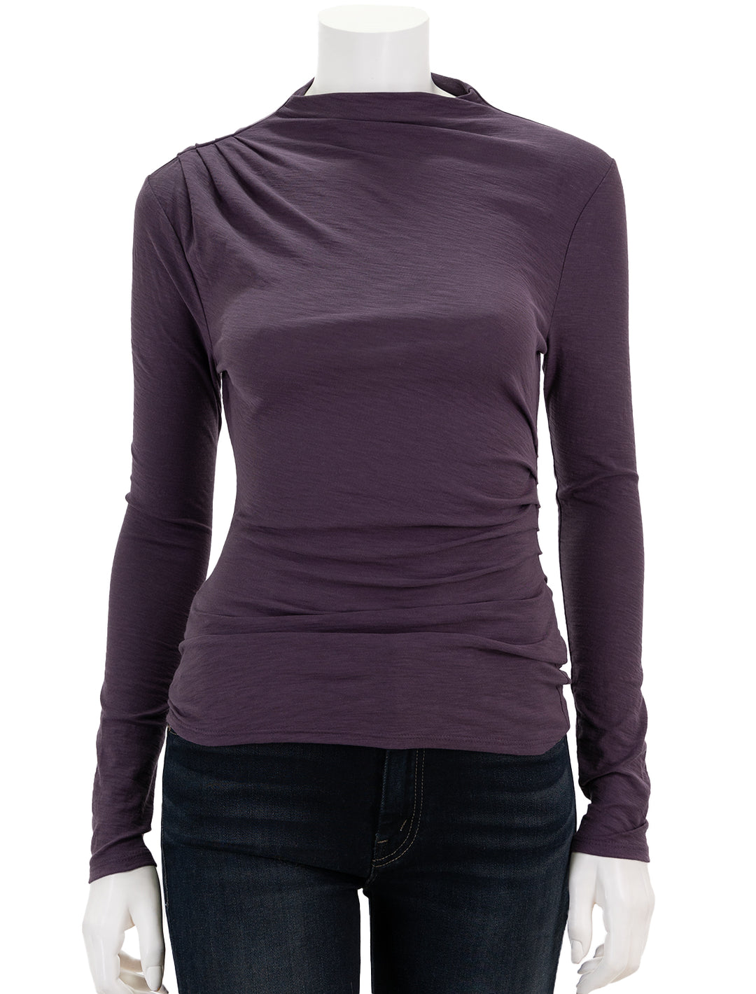 Front view of Nation LTD's charlotte asymmetric gathered tee in fig jam.