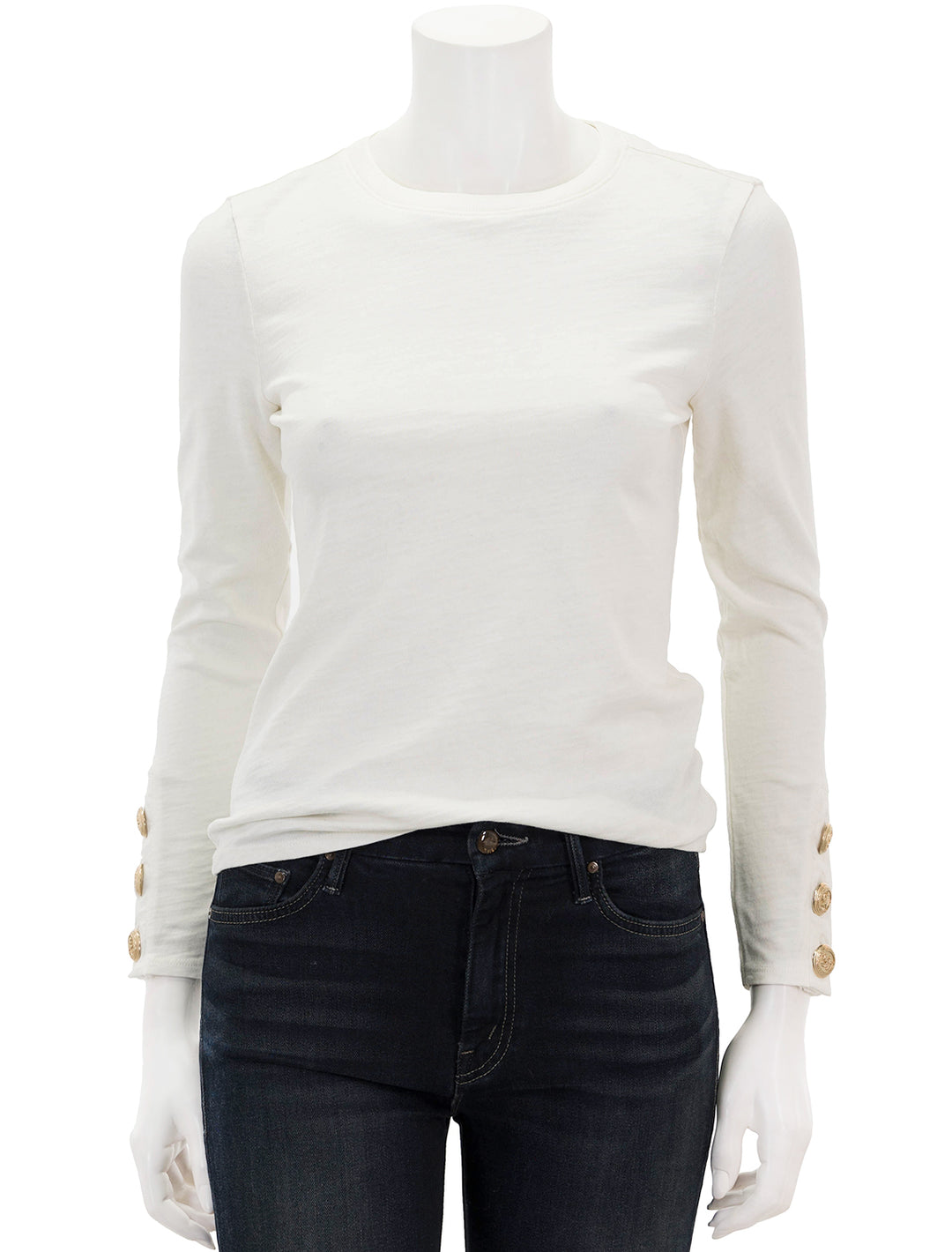 Front view of Nation LTD's kiana crew with button cuff detail in off white.