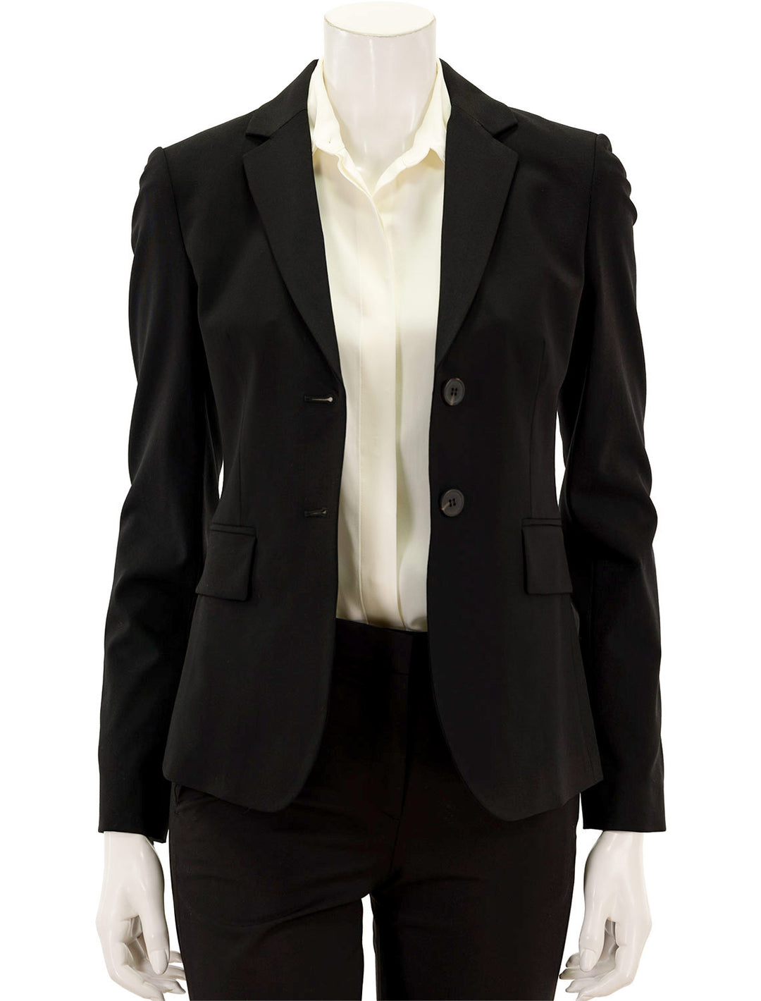 Front view of Theory's carissa blazer in goodwool | black, unbuttoned.