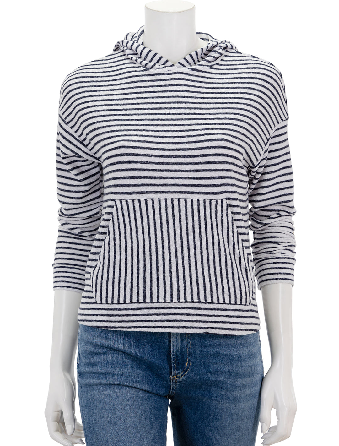 Front view of Sundry's stripe crop hoodie in white.