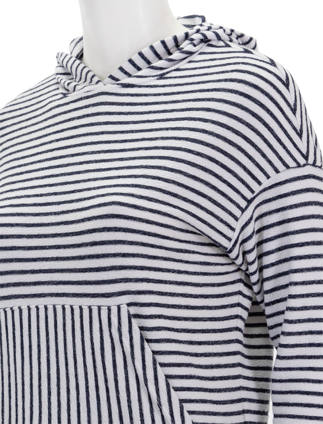 Close-up view of Sundry's stripe crop hoodie in white