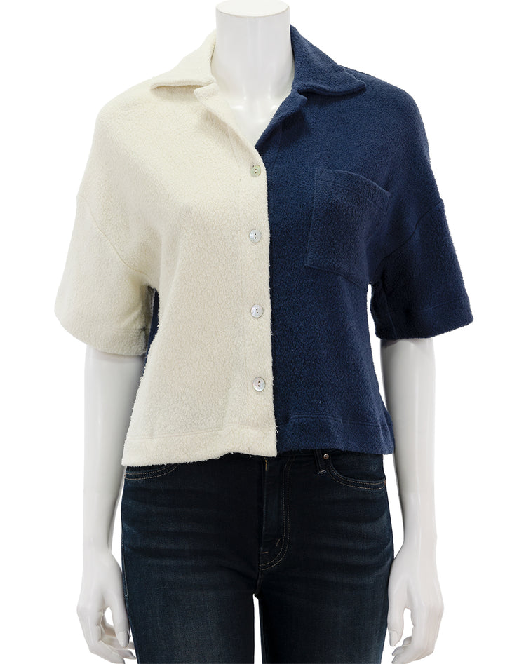 Front view of Sundry's sherpa short sleeve button down in cream and navy.