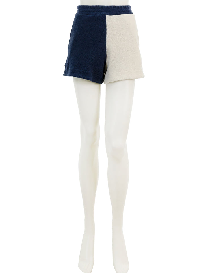 Front view of Sundry's sherpa pull-on shorts in cream and navy.
