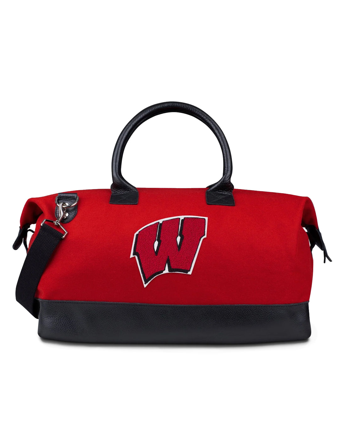 Front view of Heritage Gear's wisconsin "w" red weekender.