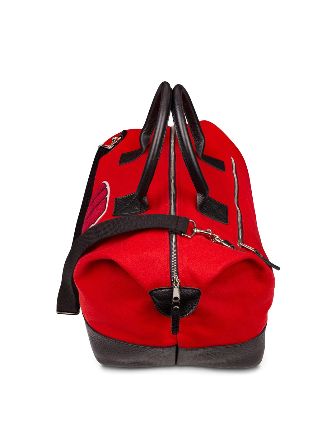 Side angle view of Heritage Gear's wisconsin "w" red weekender.