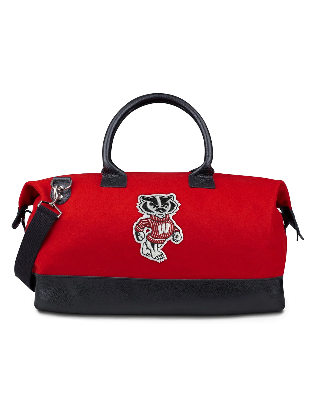 Front view of Heritage Gear's red bucky mascot weekender.