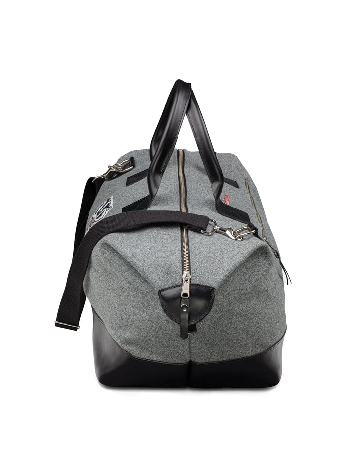 Side angle view of Heritage Gear's wisconsin grey mascot bucky weekender.